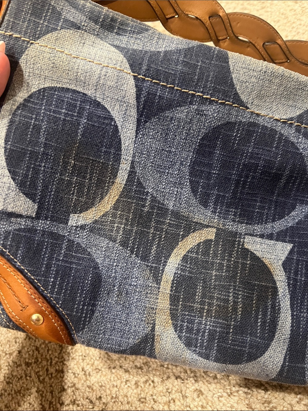 Vintage Coach Denim Carly Logo-Print Shoulder Bag in Navy and Tan - Picture 10 of 11